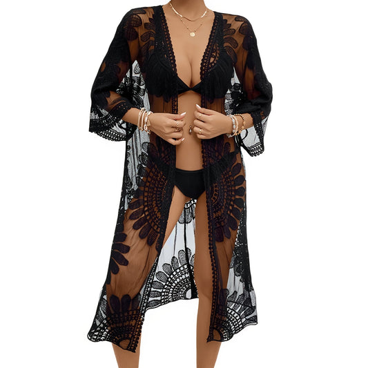 Kimono de Plage en Dentelle - Noir - Unique