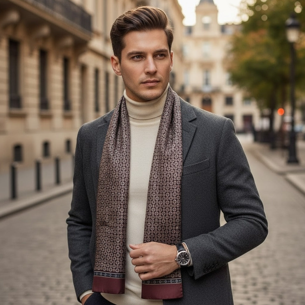 Echarpe Soie Homme à Motif Cachemire portée autour du cou - Bordeaux et Beige - Marron et Bleu Marine - Noir et Bleu Pailleté - Bleu Nuit et Or - Marron et Or - Noir et Or - Marron et Beige - Gris et Bleu Marine - Bleu Marine et Doré - Bleu Marine et Argent