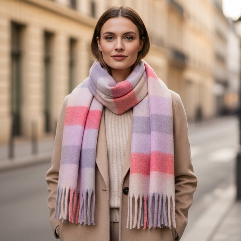 Grande Echarpe Femme Multicolore portée autour du cou - Rose et Violet - Beige et Moutarde - Gris et Vert Menthe