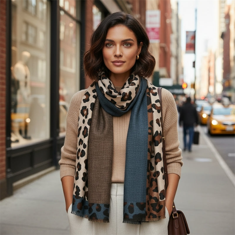 Echarpe Motif Leopard Femme portée autour du cou - Bleu et Marron - Vert et Beige - Rouge et Beige - Jaune et Gris