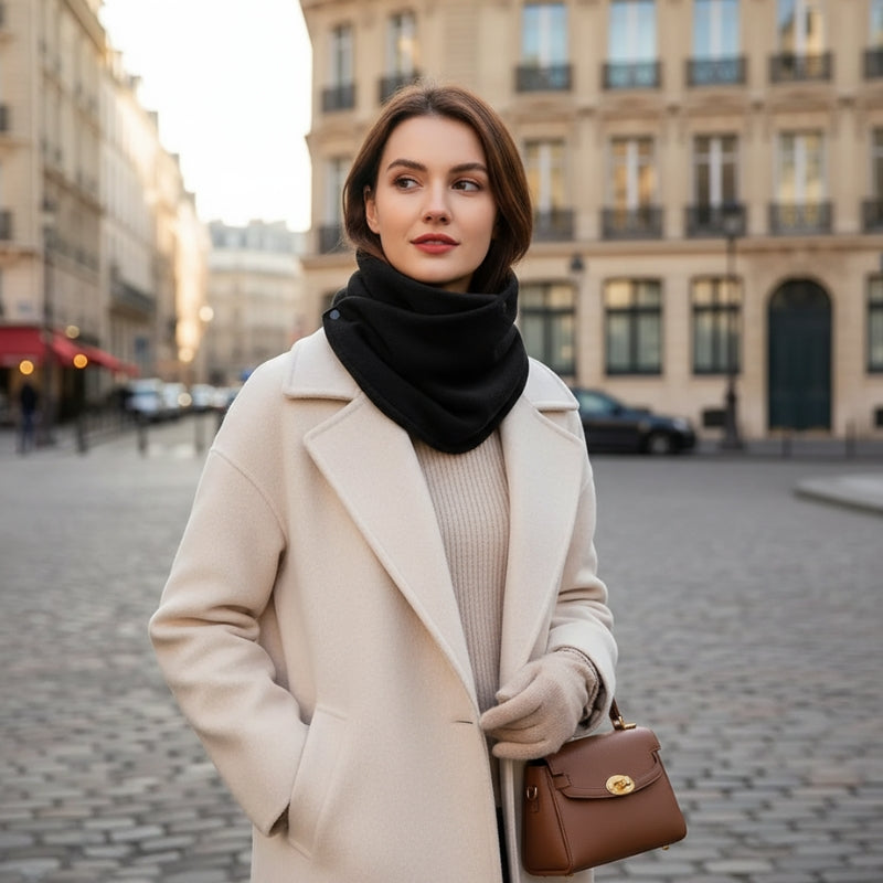 Snood Polaire Femme portée à la main - Noir Ébène - Rose Doux - Crème Éclatante - Beige Clair - Gris Clair - Bleu Pétrole - Fuchsia Intense - Gris Foncé - Bordeaux