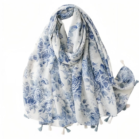 Chèche Bleu Fleuri - Bleu Ciel et Blanc Crème - 180*90cm