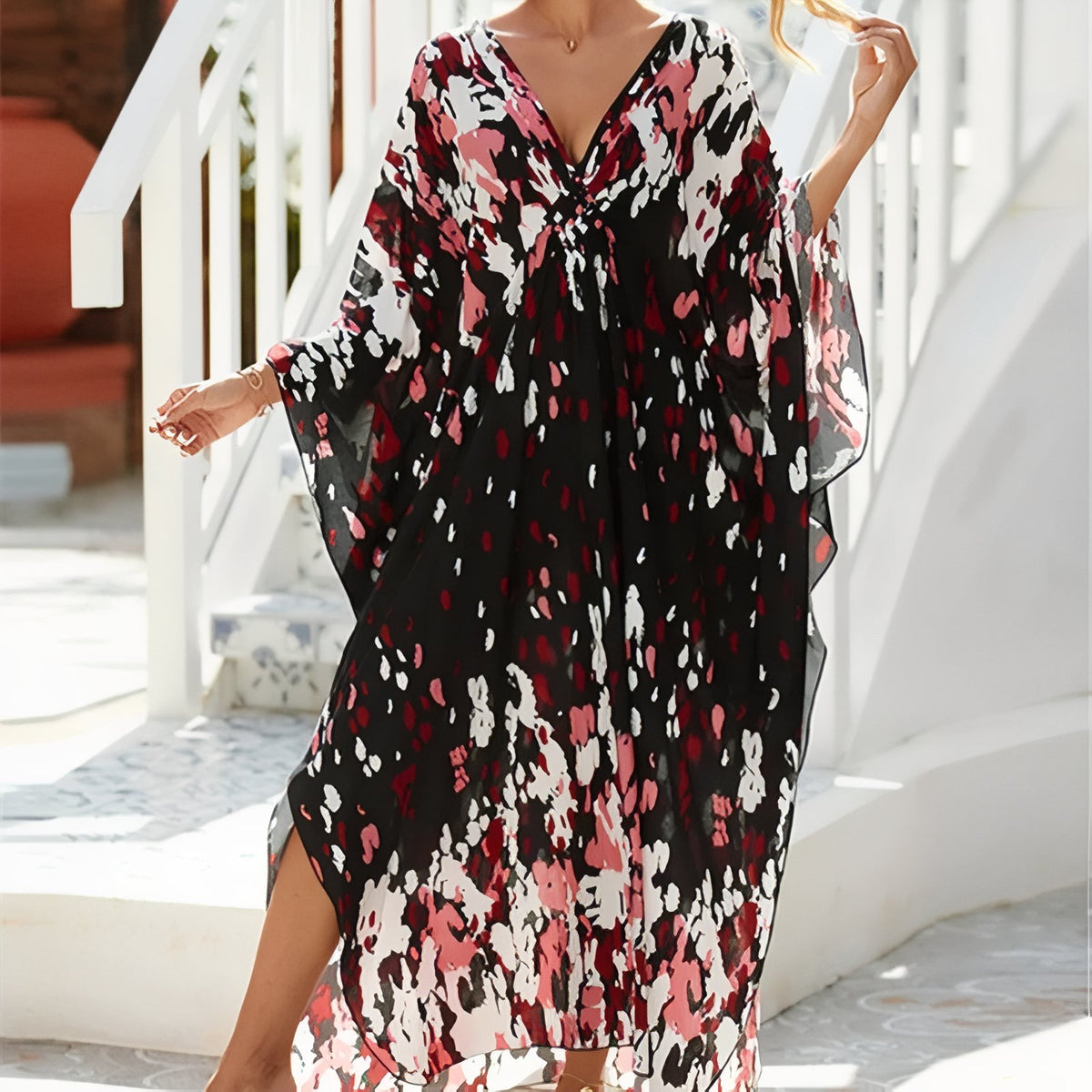 Grande Robe de Plage Colorée à Col V - Rose et Noir - Unique