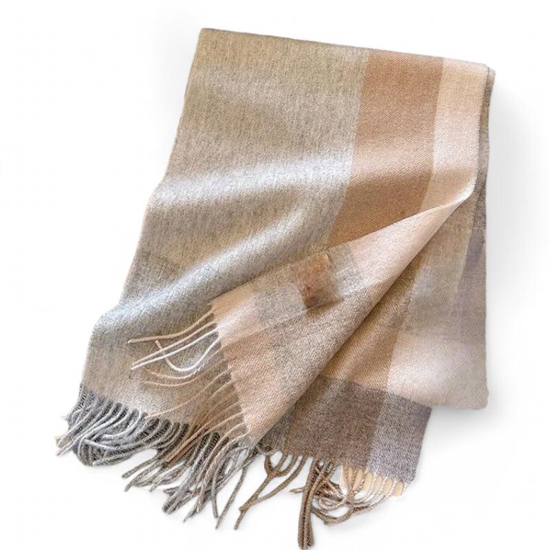 Echarpe en Laine à Franges Beige et Gris 188*32cm
