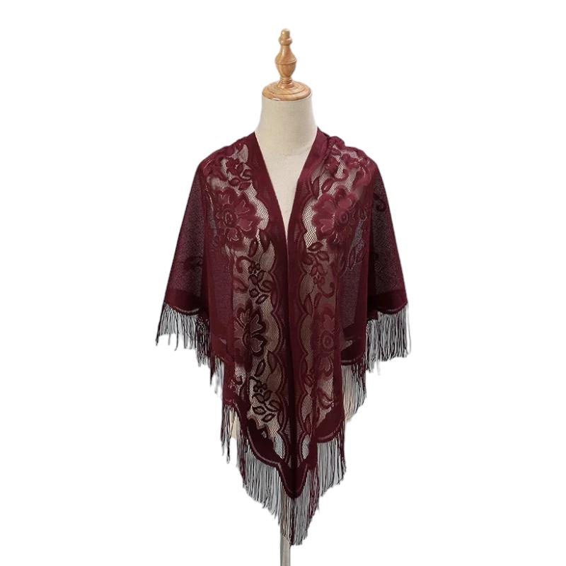 Châle Cape Crochet en Dentelle Bordeaux 