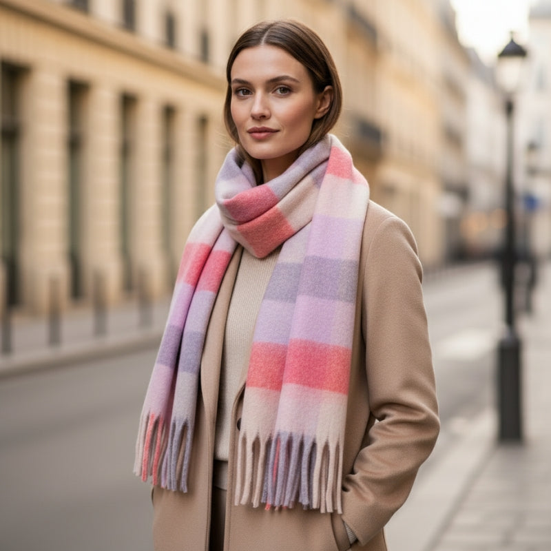 Grande Echarpe Femme Multicolore portée autour du cou - Rose et Violet - Beige et Moutarde - Gris et Vert Menthe
