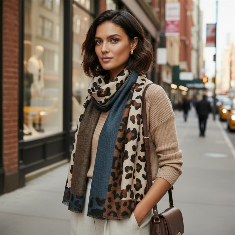 Echarpe Motif Leopard Femme portée à la main - Bleu et Marron - Vert et Beige - Rouge et Beige - Jaune et Gris