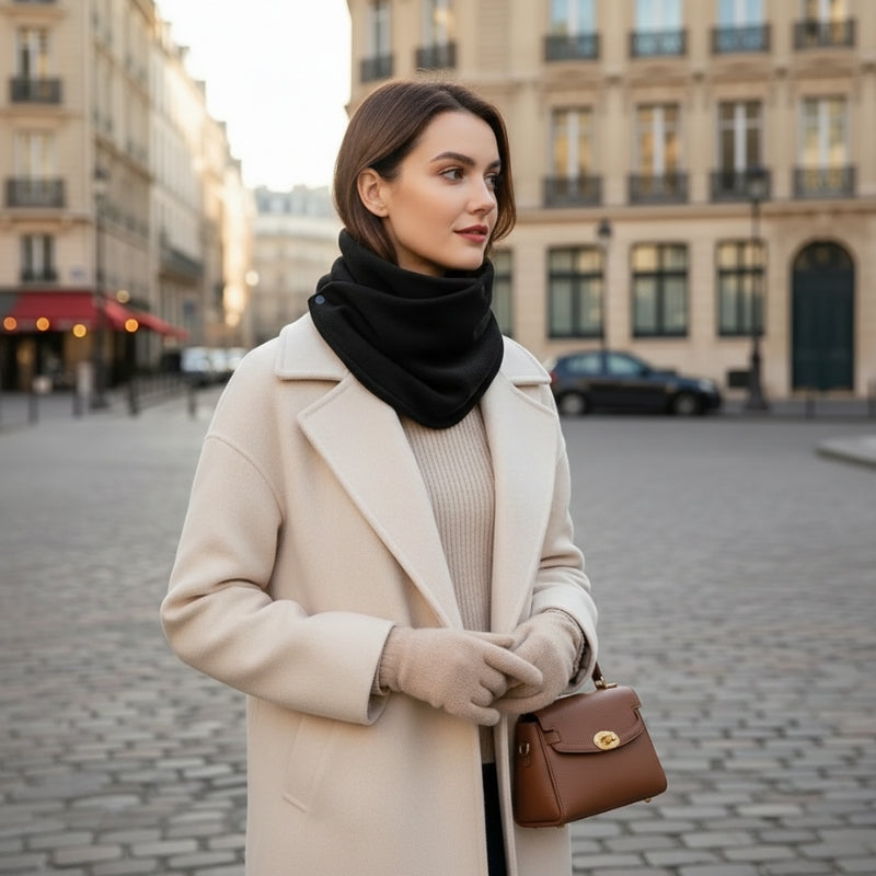 Snood Polaire Femme portée en extérieur - Noir Ébène - Rose Doux - Crème Éclatante - Beige Clair - Gris Clair - Bleu Pétrole - Fuchsia Intense - Gris Foncé - Bordeaux