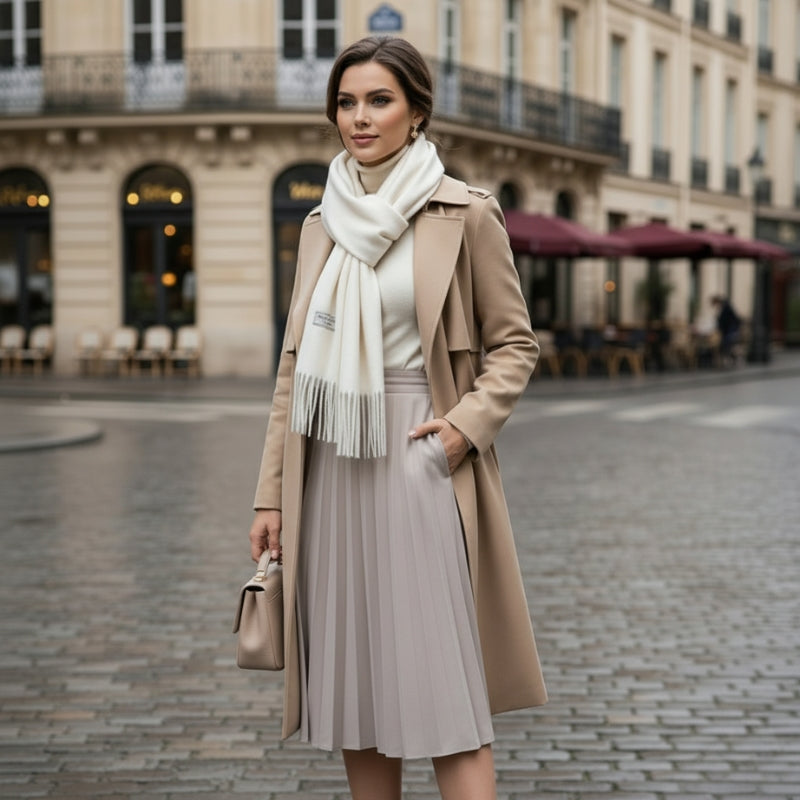 Echarpe à Franges Blanche portée avec manteau - Blanc