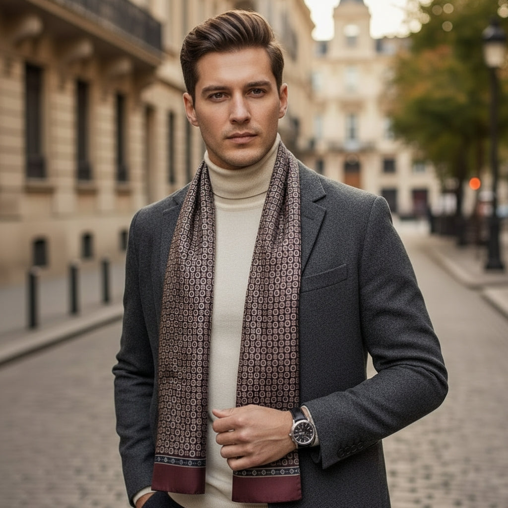 Echarpe Soie Homme à Motif Cachemire portée autour du cou - Bordeaux et Beige - Marron et Bleu Marine - Noir et Bleu Pailleté - Bleu Nuit et Or - Marron et Or - Noir et Or - Marron et Beige - Gris et Bleu Marine - Bleu Marine et Doré - Bleu Marine et Argent