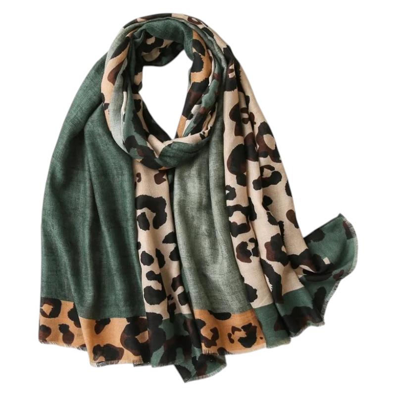 Echarpe Motif Leopard Femme - Vert et Beige - 180x90cm