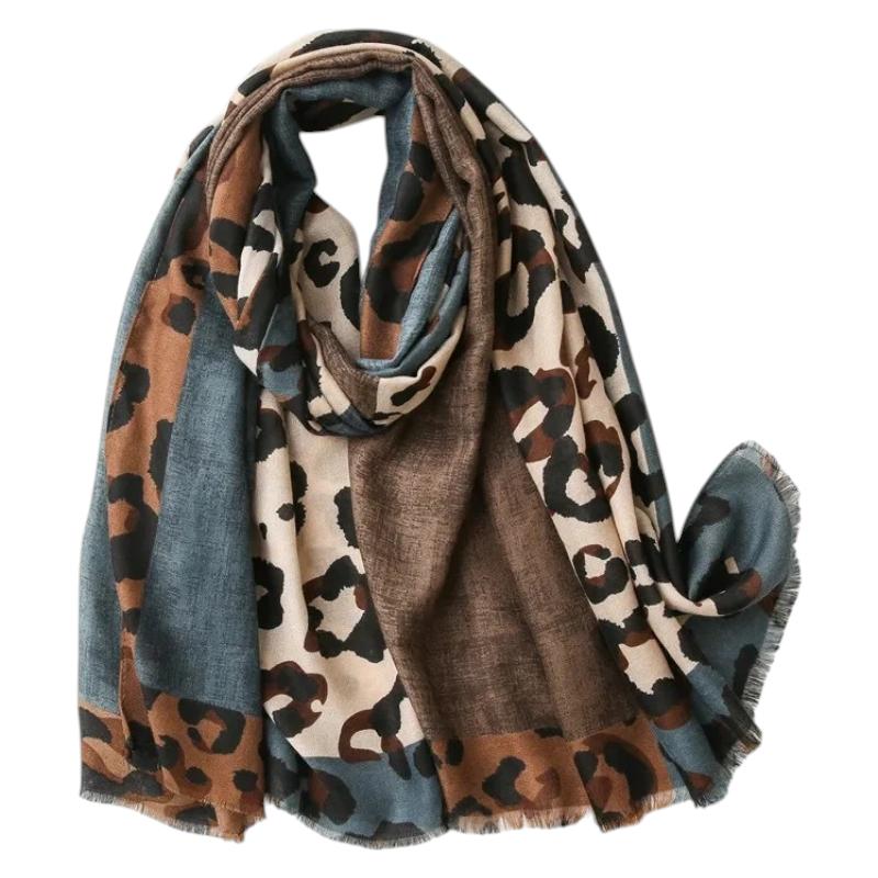 Echarpe Motif Leopard Femme - Bleu et Marron - 180x90cm