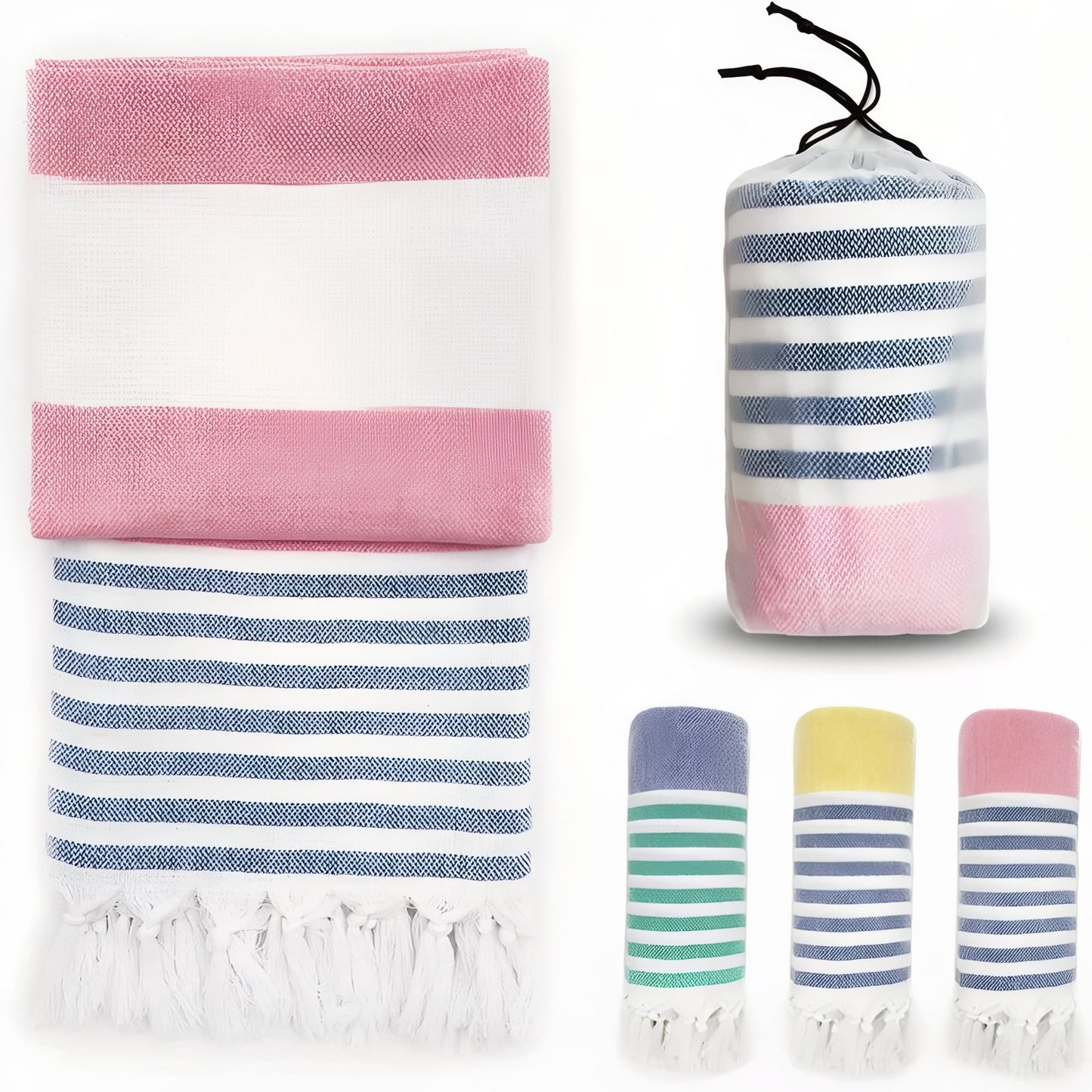 Fouta de Plage Rayé Tricolore à Franges