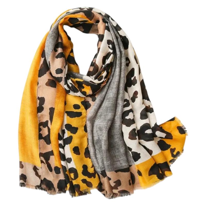 Echarpe Motif Leopard Femme - Jaune et Gris - 180x90cm