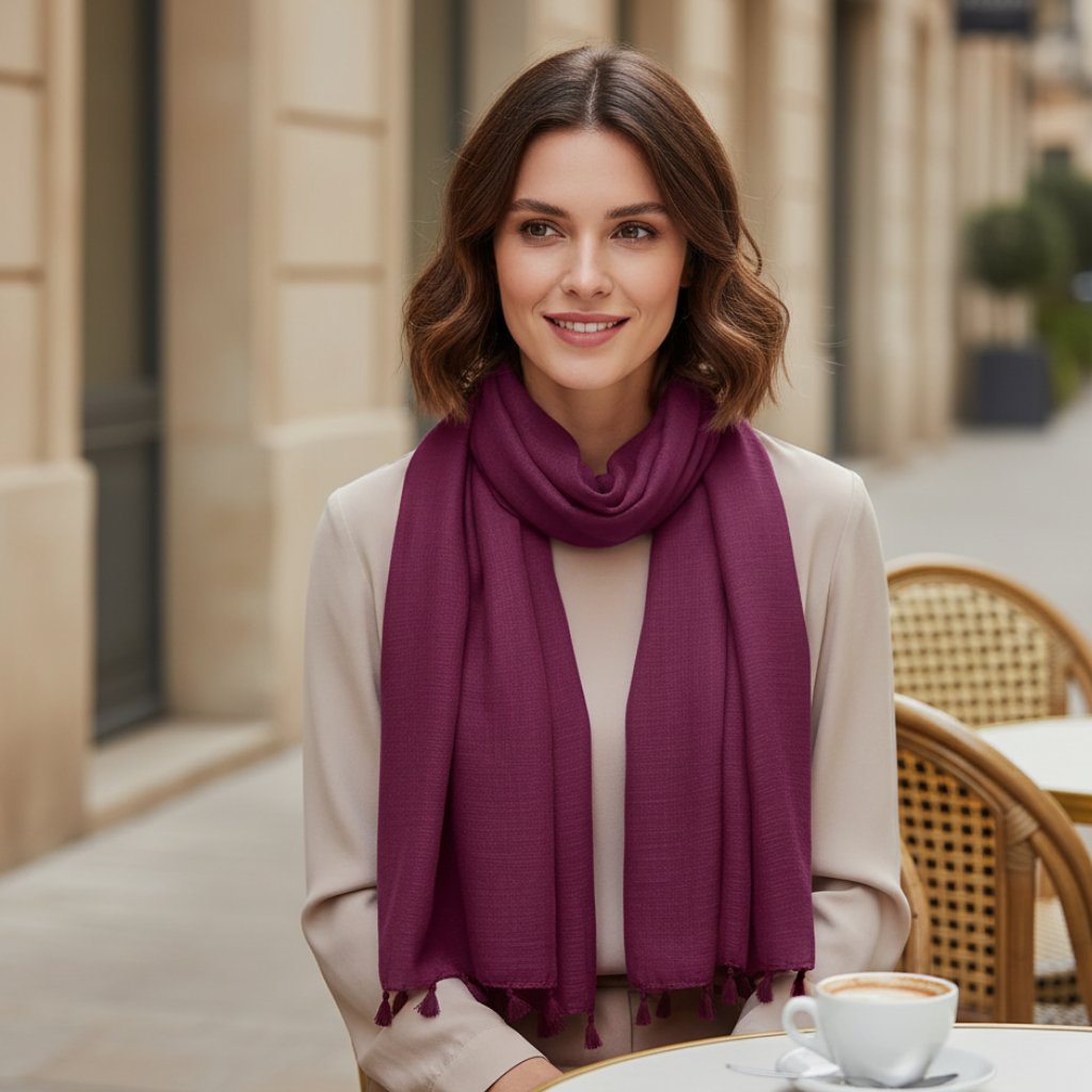 Foulard Viscose Femme portée autour du cou - Violet Prune - Vert Émeraude - Turquoise Clair - Violet Foncé - Bleu Marine - Jaune Moutarde - Marron Chocolat - Jaune Saffran - Marron Foncé - Rouge - Violet Clair - Rose Poudré - Violet Doux - Gris Foncé - Blanc Pur - Gris Clair