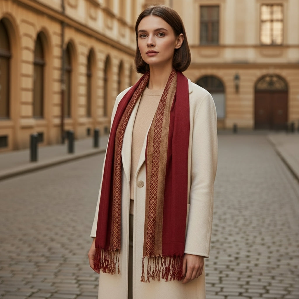 Foulard Pashima Femme portée autour du cou - Bordeaux et Doré - Vert Olive et Doré - Gris et Doré - Bleu Royal et Doré - Blanc et Beige - Jaune Pâle - Fuchsia et Doré - Rouge et Doré - Bleu Marine et Doré