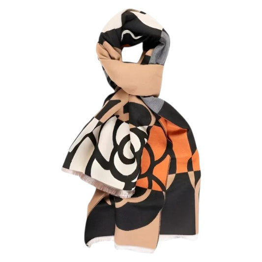 Etole à Motif Camélia Géométrique - Beige et Orange - 185*65cm