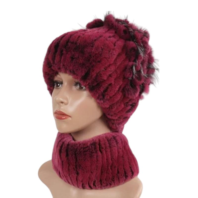 Bonnet Et Echarpe Fourrure Bordeaux et Noir 