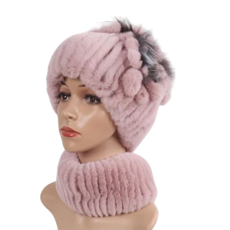 Bonnet Et Echarpe Fourrure Rose Poudré 
