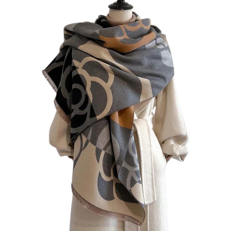 Etole à Motif Camélia Géométrique - Beige et Marron - 185*65cm