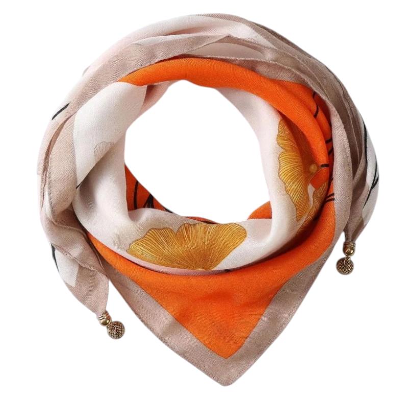 Chèche Foulard Breloques - Orange et Beige - 70*70cm
