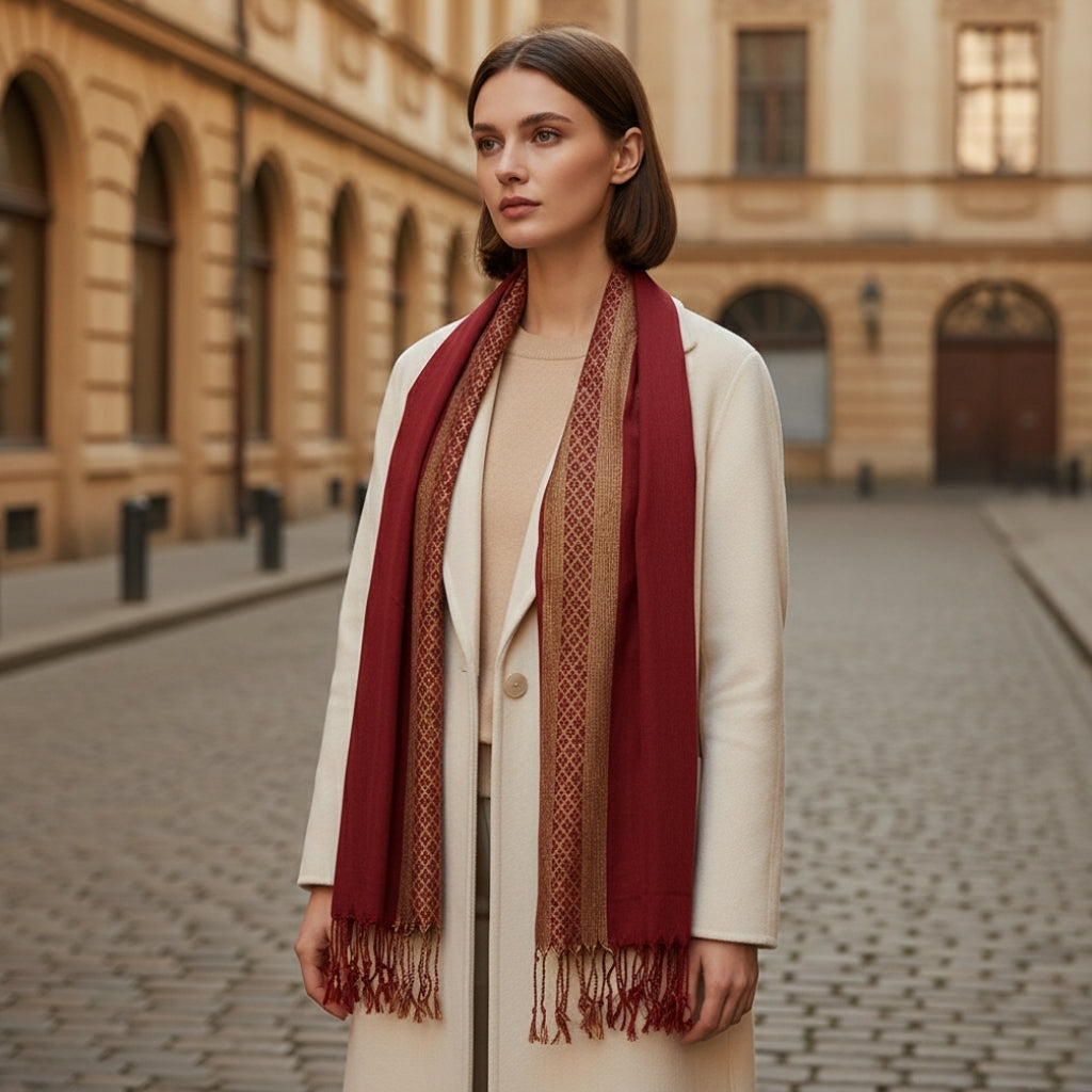 Foulard Pashima Femme portée autour du cou - Bordeaux et Doré - Vert Olive et Doré - Gris et Doré - Bleu Royal et Doré - Blanc et Beige - Jaune Pâle - Fuchsia et Doré - Rouge et Doré - Bleu Marine et Doré
