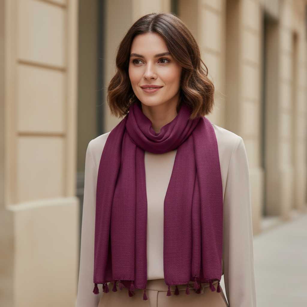 Foulard Viscose Femme portée autour du cou - Violet Prune - Vert Émeraude - Turquoise Clair - Violet Foncé - Bleu Marine - Jaune Moutarde - Marron Chocolat - Jaune Saffran - Marron Foncé - Rouge - Violet Clair - Rose Poudré - Violet Doux - Gris Foncé - Blanc Pur - Gris Clair