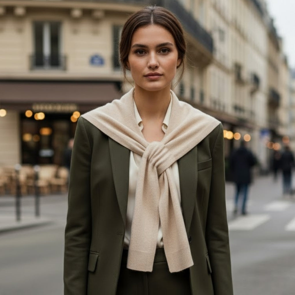 Mini Châle d'Épaule en Cachemire portée sur les épaules - Beige Clair - Bleu Pâle - Marron Clair - Marron Foncé - Noir - Crème Écrue - Jaune Moutarde