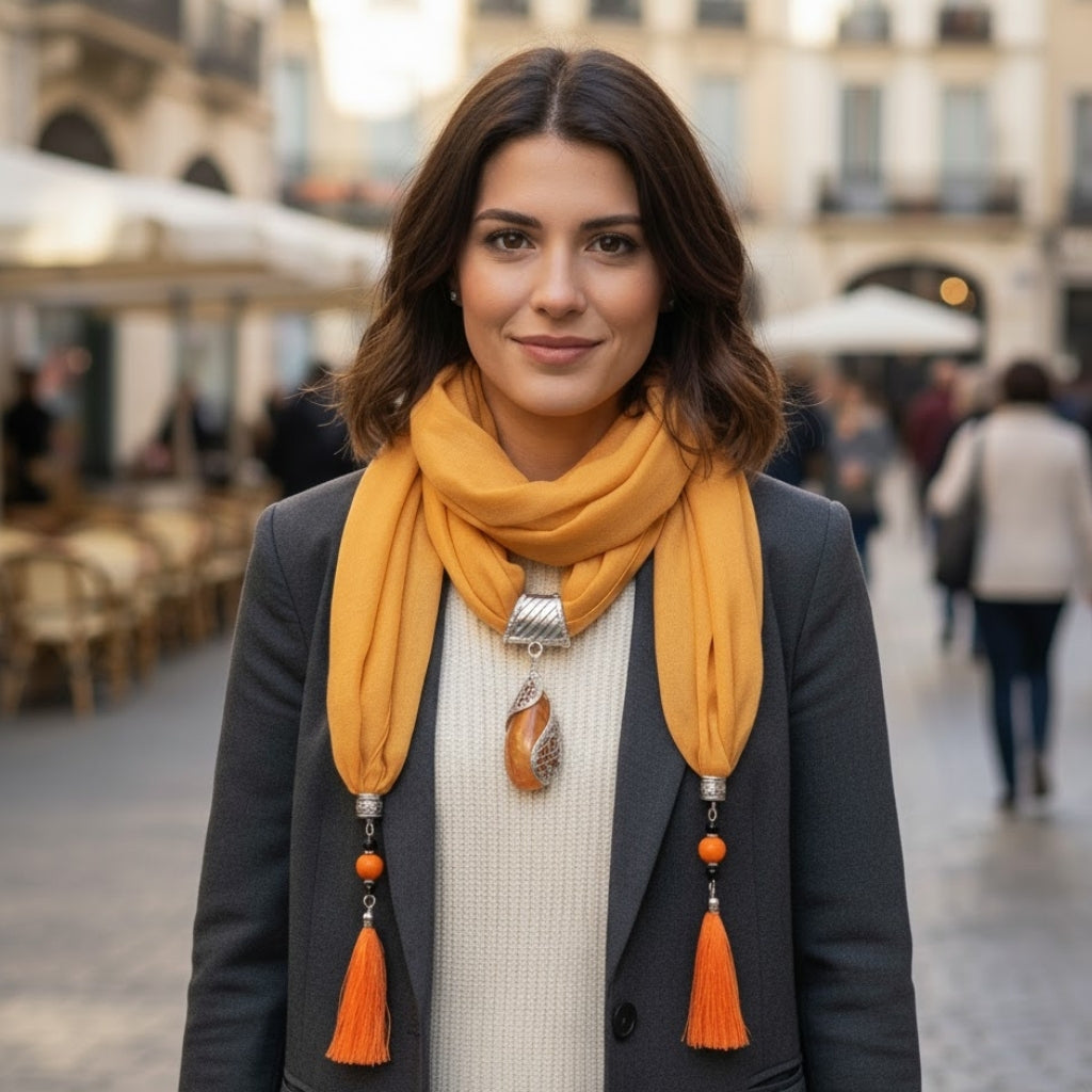 Chèche avec Bijoux portée autour du cou - Orange Clair - Bordeaux - Vert Émeraude - Gris Clair - Vert Foncé - Corail et Fuchsia - Aqua et Vert Pâle - Fuchsia et Rose - Violet Foncé - Bleu Royal - Noir