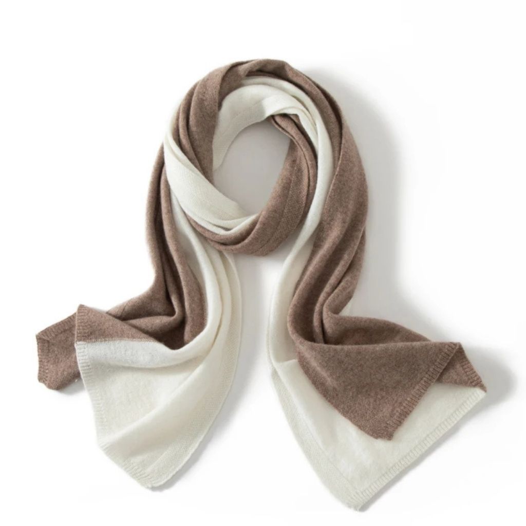 Écharpe Bicolore Cachemire Femme - Beige Foncé et Blanc - 180*45cm