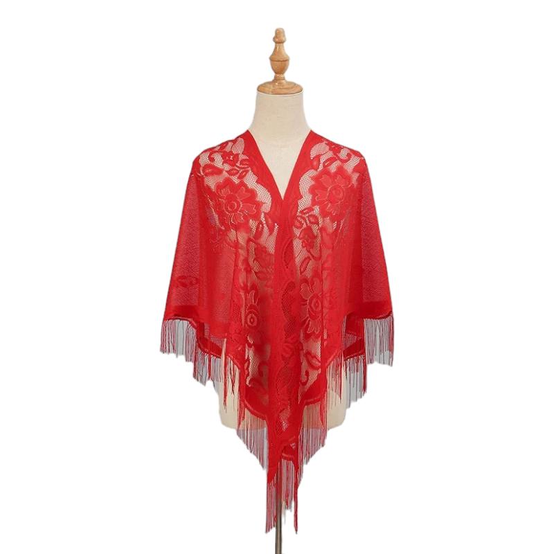Châle Cape Crochet en Dentelle Rouge Éclatant 