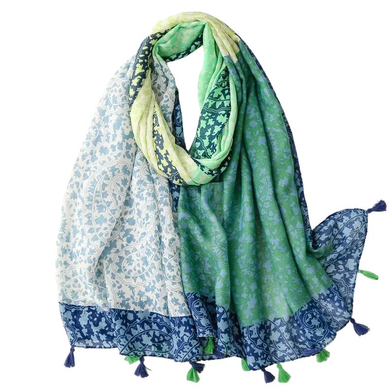 Foulard Chèche Femme Vert Menthe et Bleu Nuit 180*90cm