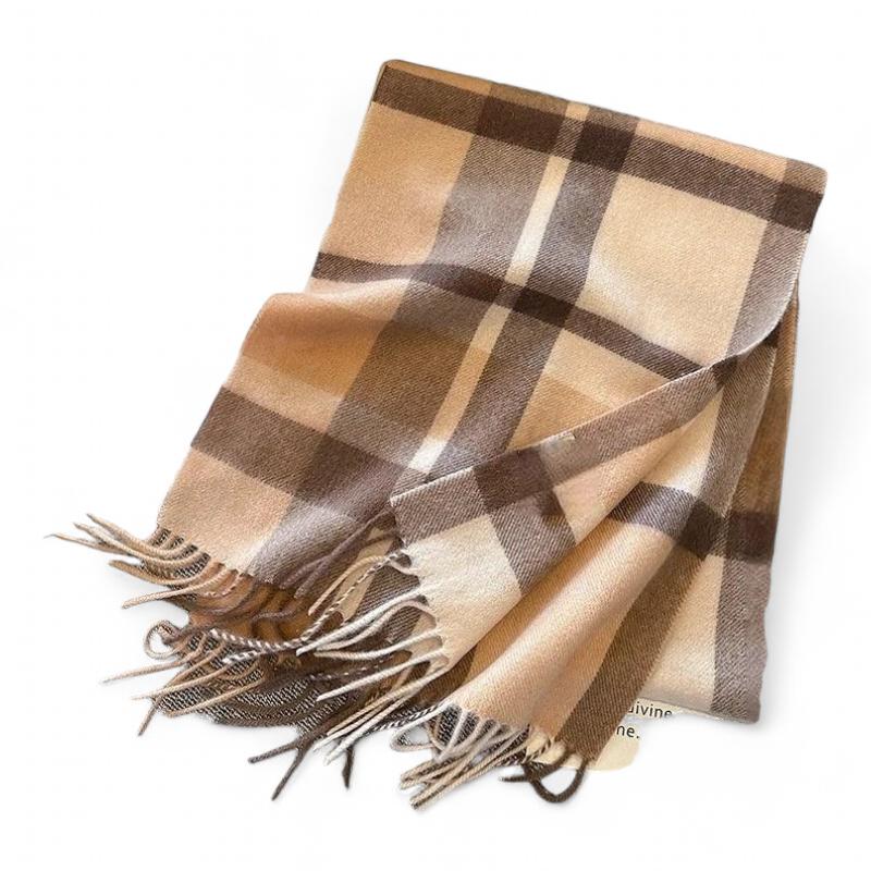 Echarpe en Laine à Franges Beige et Marron 188*32cm