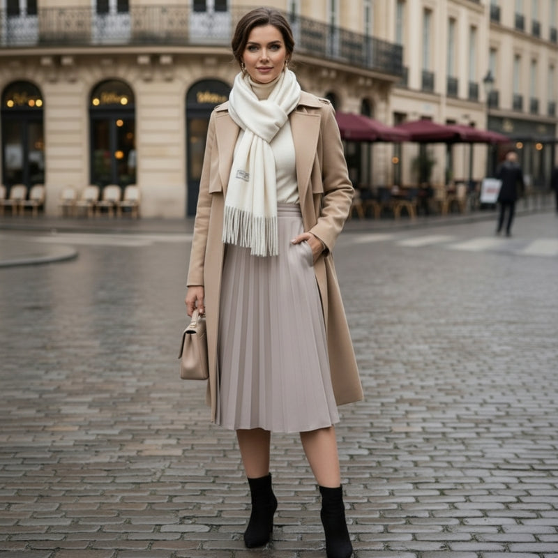 Echarpe à Franges Blanche portée avec manteau - Blanc