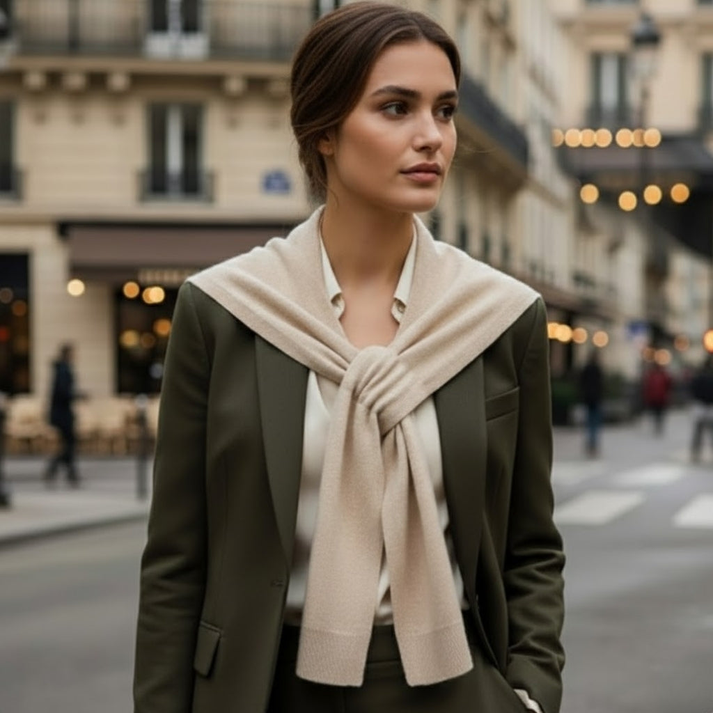 Mini Châle d'Épaule en Cachemire portée autour du cou - Beige Clair - Bleu Pâle - Marron Clair - Marron Foncé - Noir - Crème Écrue - Jaune Moutarde