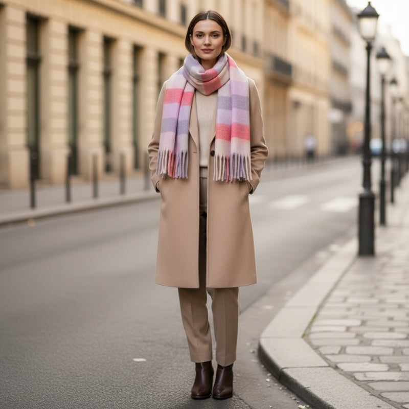 Grande Echarpe Femme Multicolore portée à la main - Rose et Violet - Beige et Moutarde - Gris et Vert Menthe