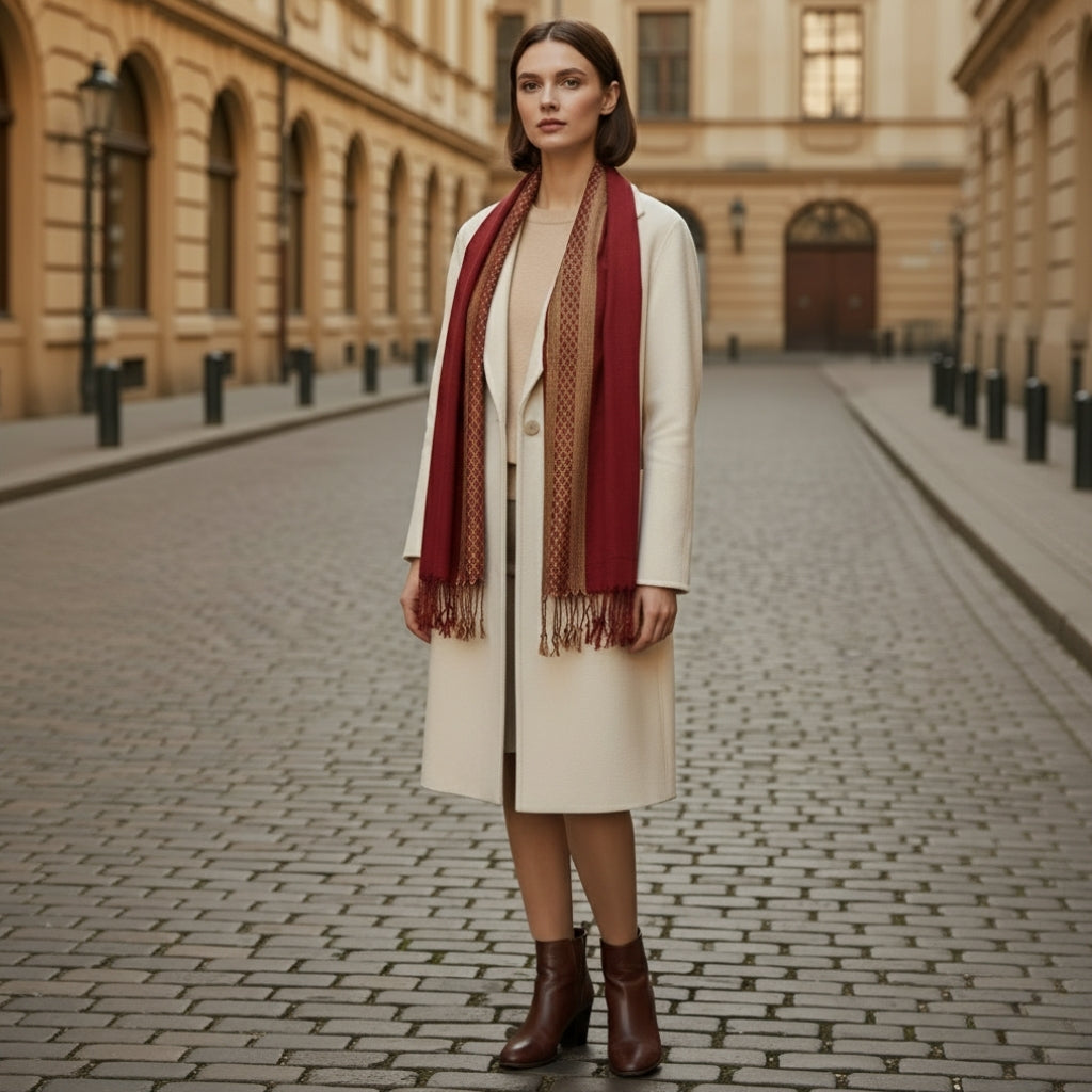Foulard Pashima Femme portée avec manteau - Bordeaux et Doré - Vert Olive et Doré - Gris et Doré - Bleu Royal et Doré - Blanc et Beige - Jaune Pâle - Fuchsia et Doré - Rouge et Doré - Bleu Marine et Doré