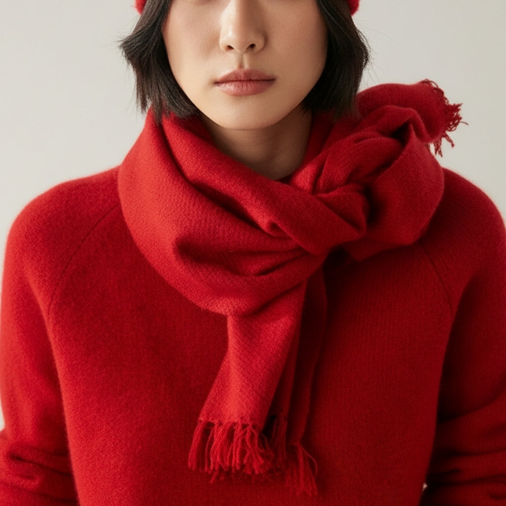 Écharpe Cachemire Rouge Femme portée autour du cou - Rouge
