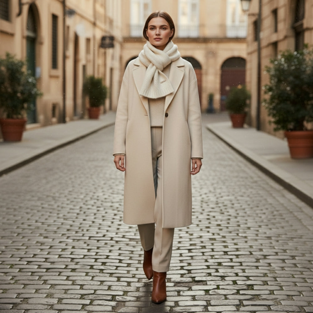 Echarpe Duveteuse Femme portée en extérieur - Crème Écrue - Gris Clair - Marron Foncé - Gris Foncé - Beige Clair