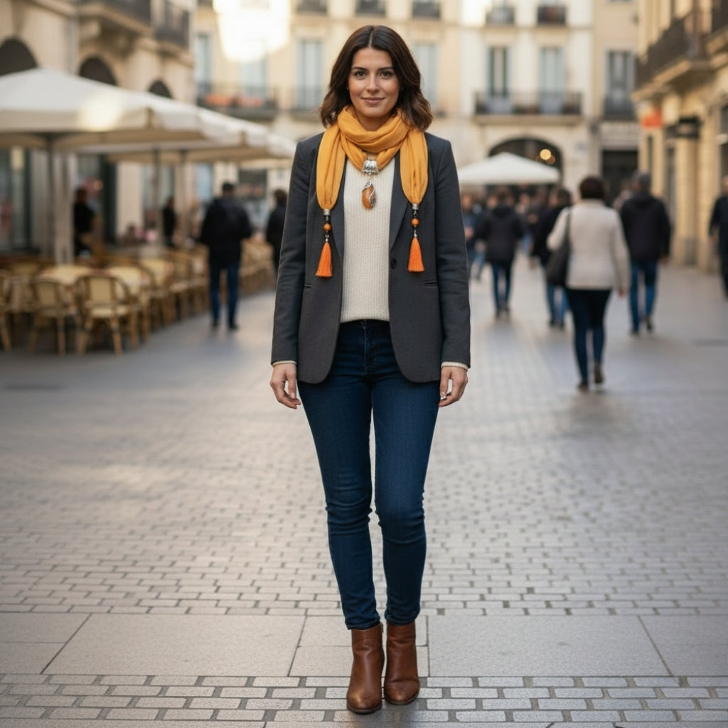 Chèche avec Bijoux portée avec accessoires - Orange Clair - Bordeaux - Vert Émeraude - Gris Clair - Vert Foncé - Corail et Fuchsia - Aqua et Vert Pâle - Fuchsia et Rose - Violet Foncé - Bleu Royal - Noir