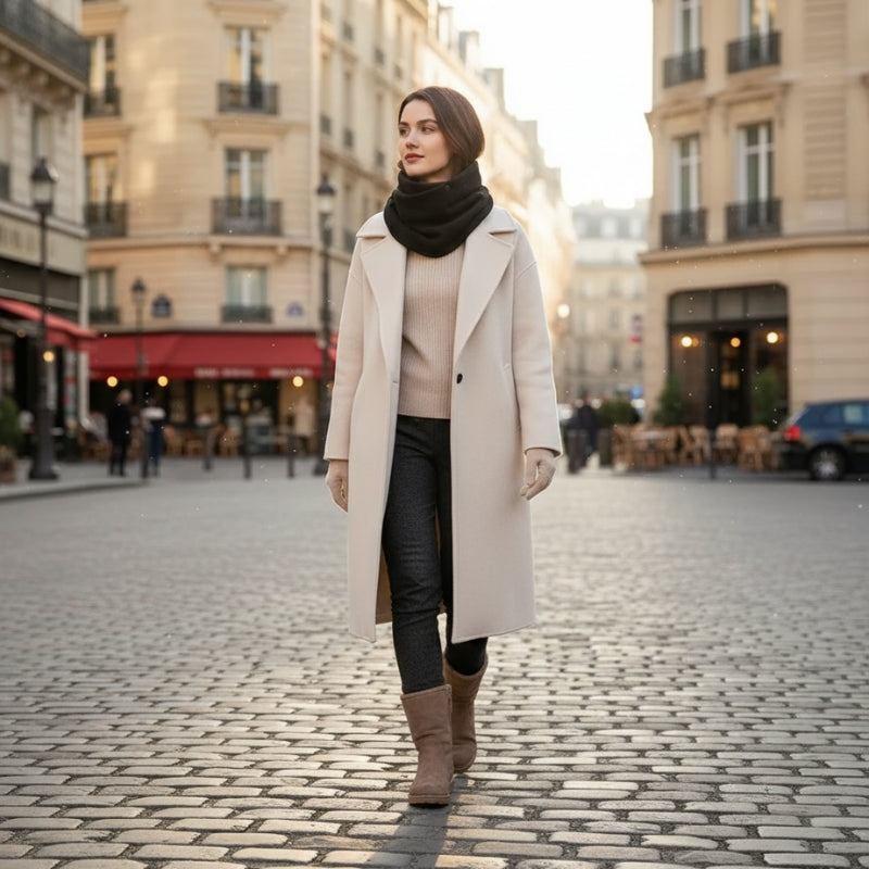 Snood Polaire Femme portée en extérieur - Noir Ébène - Rose Doux - Crème Éclatante - Beige Clair - Gris Clair - Bleu Pétrole - Fuchsia Intense - Gris Foncé - Bordeaux