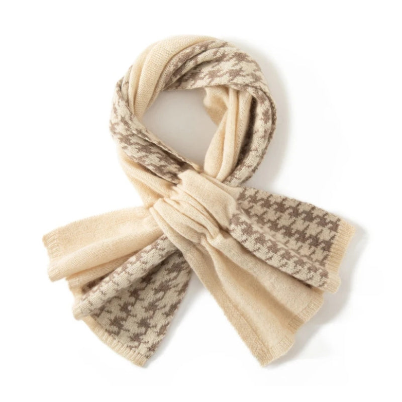 Écharpe Cachemire Motif Pied-de-Poule - Beige - 93x33cm