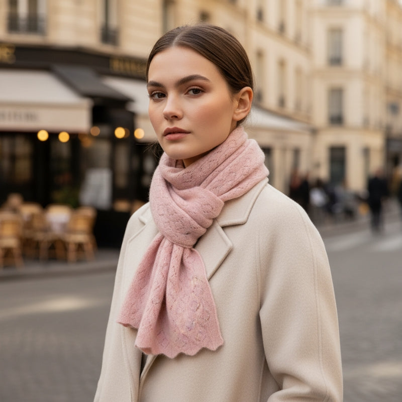 Écharpe Rose Poudré en Cachemire portée autour du cou - Rose