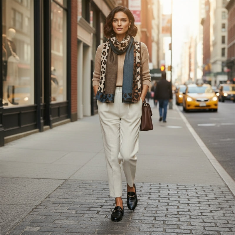 Echarpe Motif Leopard Femme portée à la main - Bleu et Marron - Vert et Beige - Rouge et Beige - Jaune et Gris