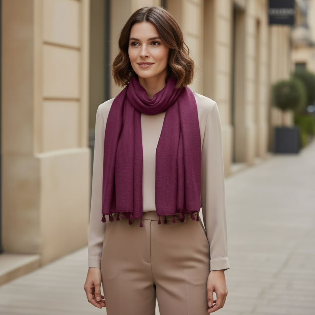 Foulard Viscose Femme portée autour du cou - Violet Prune - Vert Émeraude - Turquoise Clair - Violet Foncé - Bleu Marine - Jaune Moutarde - Marron Chocolat - Jaune Saffran - Marron Foncé - Rouge - Violet Clair - Rose Poudré - Violet Doux - Gris Foncé - Blanc Pur - Gris Clair