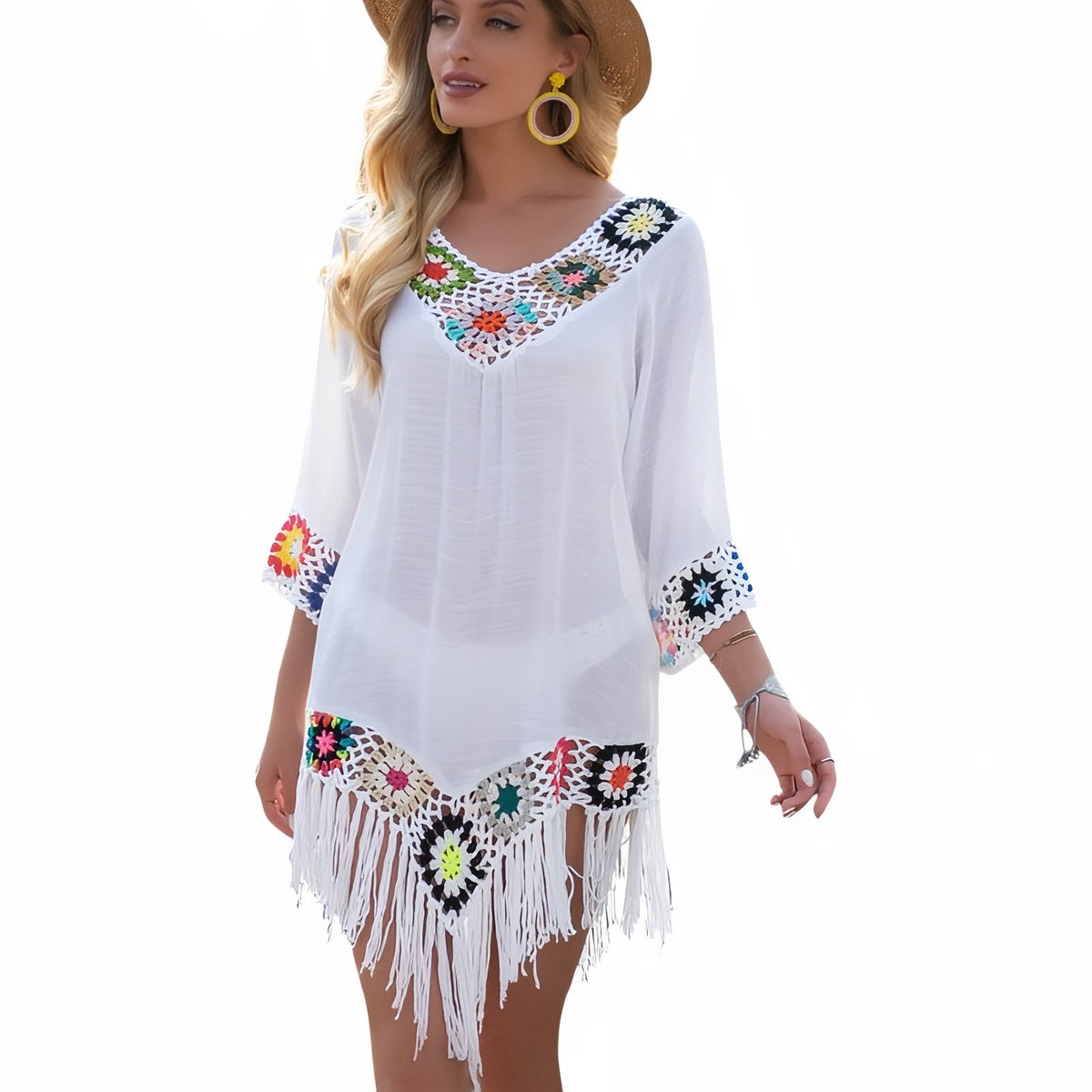 Robe Paréo Blanche à Franges - Blanc - Unique