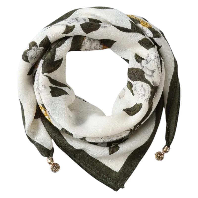 Chèche Foulard Breloques - Crème et Vert Olive - 70*70cm