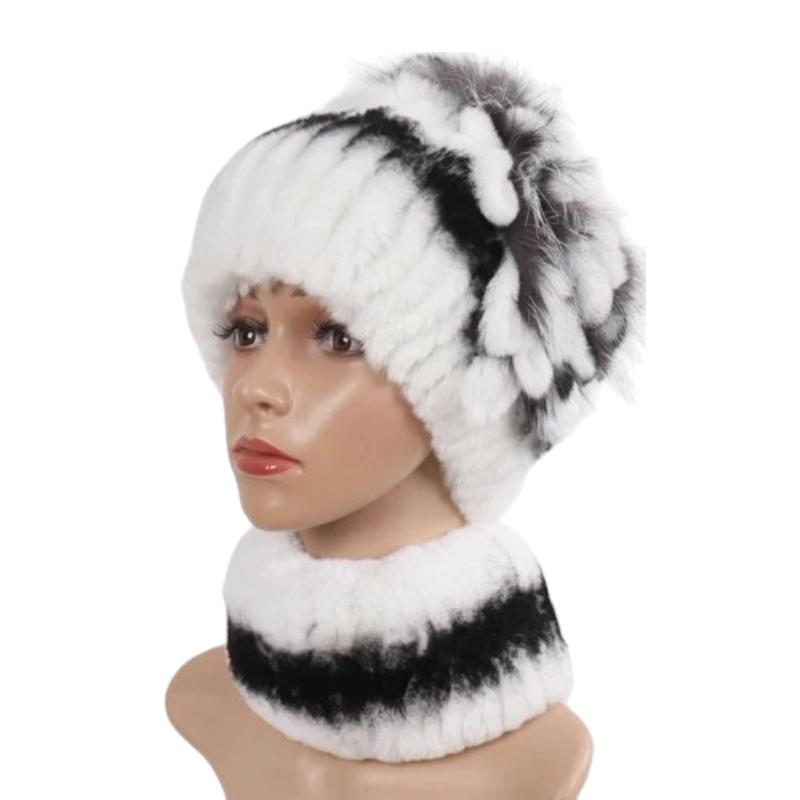 Bonnet Et Echarpe Fourrure Blanc et Noir Rayé 