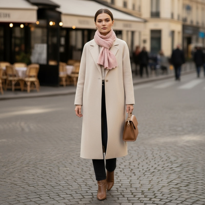 Écharpe Rose Poudré en Cachemire portée autour du cou - Rose