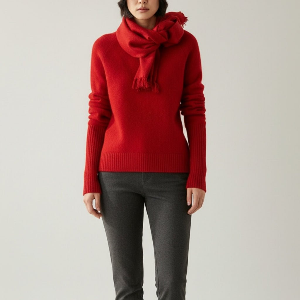 Écharpe Cachemire Rouge Femme portée autour du cou - Rouge